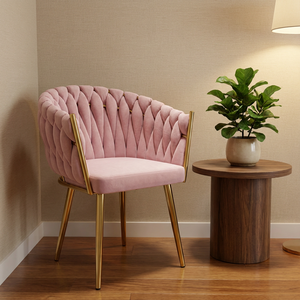Fauteuil d'appoint en velours tissé à la main avec accoudoirs, dossier incurvé tressé moderne, <span class=keywords><strong>chaise</strong></span> de salle à manger, pieds en métal doré et noir, <span class=keywords><strong>chaise</strong></span> de vanité de luxe - Product Image 1