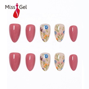 Wholesale Vintage Flower <strong>Nail</strong> Art Glossy <strong>Pink</strong> Medium Length Almond <strong>Nails</strong> 32pcs Reusable Long-Lasting Artificial Fingernails - Product Image 1