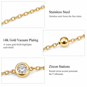 Collar de circonita en forma de Y de acero inoxidable con baño de oro de 14K al vacío, con estaciones de bisel redondo y colgante de barra, cadena ajustable de 46 cm - Product Image 4