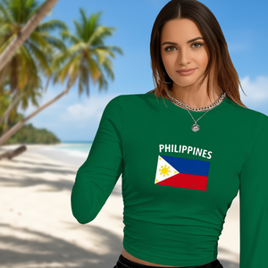 Camiseta Corta de Manga Larga para Mujer con Estampado de la Bandera de Filipinas, Estilo Y2K, Cuello Redondo, Tejido de Punto, Spandex, Poliéster, para Todas las Temporadas - Product Image 2