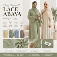 Nouvelle Abaya Élégante Personnalisée 2026 en Tissu Nida avec Bordure en Dentelle Florale, Vêtement Islamique, Abaya Ouverte, Cardigan pour Femmes Musulmanes avec Hijab