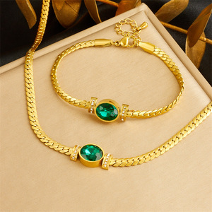 Vintage Emerald Oval <b>Bracelet</b> <b>Set</b> Gold Tone Crystal Rhinestone Woven Chain Women's Jewelry Everyday Wear - Product Image 1