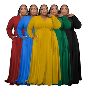 Großhandel einfarbig Vestidos Casuales V-Ausschnitt boden lange Taschen Rüschen Plus Size Kleider 4Xl 5Xl 6Xl 7Xl für dicke Frauen