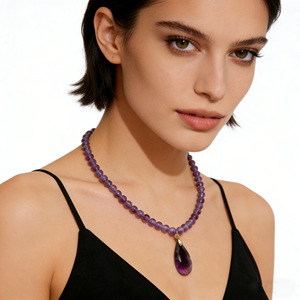 Collier pendentif goutte d'améthyste pour femme, en pierre naturelle, ras-de-cou, pour usage quotidien, bijoux raffinés, origine Yiwu - Product Image 2