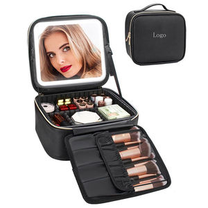 Sac de maquillage portable en cuir PU avec miroir et lumière LED, vente chaude - Product Image 1