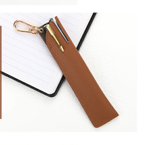 En stock, étui à stylos en cuir simple pour étudiants, trousse à crayons, lot de 2, sac portable à suspendre, trousse à crayons de couleur unie. - Product Image 3