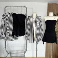 Ensemble Chic Coréen Tendance Été 2026 : Chemise Rayée Sans Col Anti-UV Décontractée + Robe Noire pour Femme