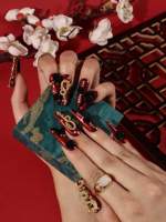 Nouvelles pointes d'ongles en acrylique 3D style chinois, base rouge, dragon doré, perle rose, personnalisables, vente en gros, forme amande longue, à presser