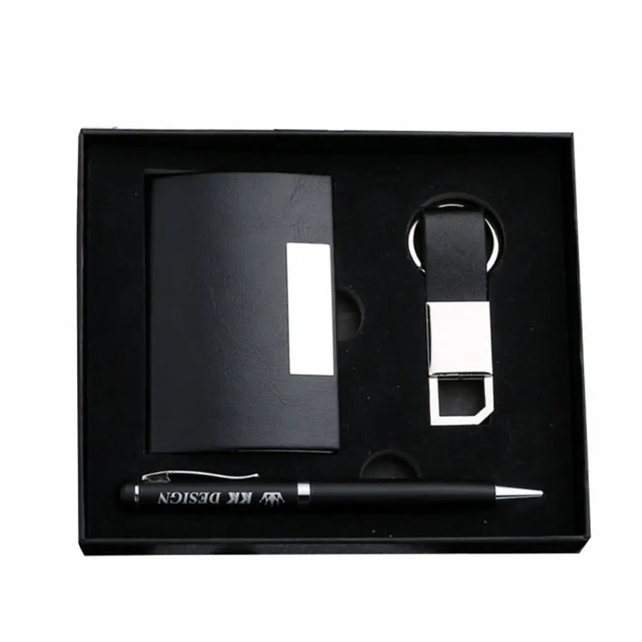 Luxury Black PU Leather Business Card Holder Pen Keychain Corporate Gift Set