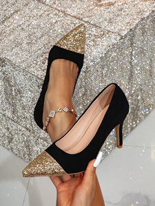 Huizhou City for <span class=keywords><strong>Amazon</strong></span>, tacones altos de verano para mujer, retazos dorados y negros, diseño de punta estrecha a la moda, nuevos zapatos de mujer - Product Image 6