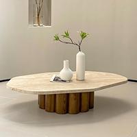 Table basse en travertin irrégulier, plateau en pierre naturelle, base cylindrique en bois massif, style Wabi Sabi, table de salon, table à thé