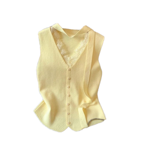 Women's <b>Lace</b> Trim Halter Knit Tank Top V Neck Button Front Sleeveless Summer <b>Cami</b> Chic Y2K Fashion <b>Vest</b> - Product Image 1