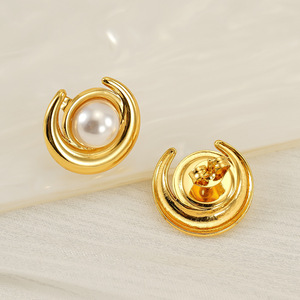 Zogxin Pearl <b>Stud</b> Earrings Gold Half Moon Shape 18K <b>Titanium</b> Steel Bezel Setting Everyday Wear - Product Image 2