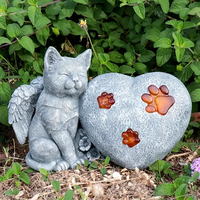 Ange solaire chat et coeur résine Sculpture lumière rougeoyante patte et fleur détail jardin décoratif animal mémorial cadeau d'affaires
