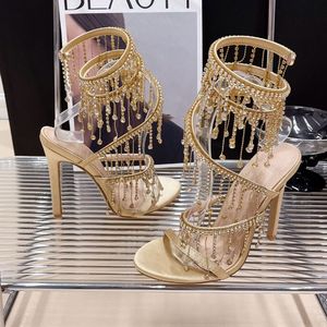 Talons aiguilles sexy dorés à bout carré, décorés de perles, avec lanières à la cheville pour femmes - Product Image 4
