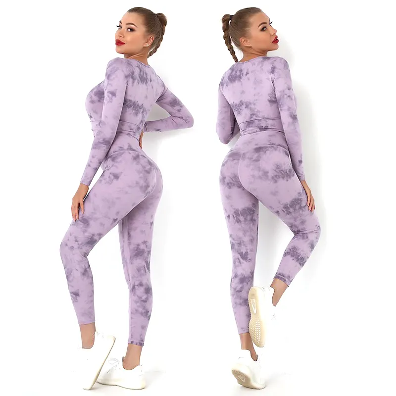 Fabrik OEM/ODM Design Langarm Fitness bekleidung für Frauen, Plus Size Tie Dye gedruckt Workout Top Yoga Leggings Gym Outfits