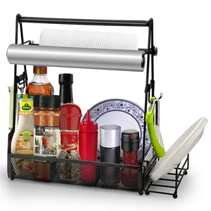 Jh-Mech Bbq Organizer Voor Kamperen Outdoor Camper Accessoires Kruiderij Caddy Ijzeren Steel & 4 Haken Bbq Grill Caddy