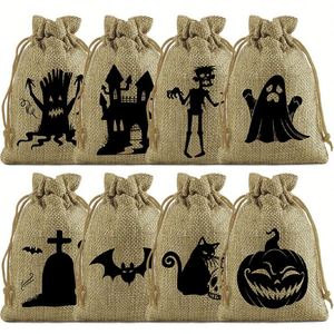 Sac en toile de jute pour la fête des Morts 10x14cm, sac en lin réutilisable, pochette en jute avec citrouille effrayante, logo personnalisable, idéal pour bonbons et emballages cadeaux - Product Image 1