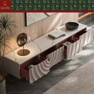 Consola de <span class=keywords><strong>TV</strong></span> Moderna Minimalista GOLDKING para Sala de Estar, Mármol Blanco Calacatta, Frente Ondulado, Patas Doradas, Interior Rojo, Corte de Precisión OEM - Product Image 5