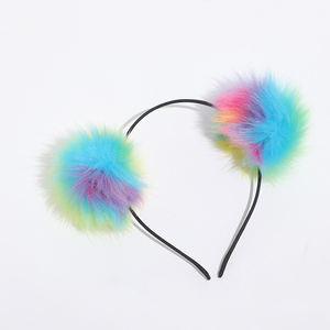 Halloween Ohr Stirnband Regenbogen Fluffy Ball Haars ch laufe Kostüm Pompon Ball Kaninchen Ohr Stirnband Pelz Haarschmuck - Product Image 6