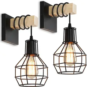 Wall Sconce Modern Retro Bedside Wall Lamp Cage Light Black Color with Wooden Base Bracket Light for Aisle Indoor wall light