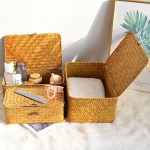 Panier de rangement avec couvercle en jonc de mer naturel, paniers de rangement rectangulaires pour étagère, armoire, organisateur de maison - Product Image 2