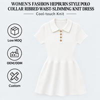 Robe Courte Tricotée Élégante Style Hepburn pour Femme, Col Polo, Manches Courtes Côtelées, Taille Cintrée, Vente en Gros OEM ODM