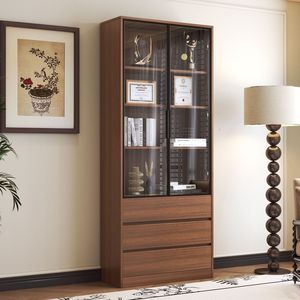 <b>Solid</b> <b>Wood</b> <b>Bookcase</b> Walnut Color Glass Door Display Cabinet Storage Unit For Home Office - Product Image 1