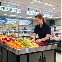 Table de présentation modulaire double face en acier inoxydable pour supermarché, avec rangement pour légumes et fruits