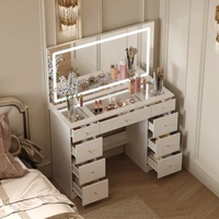 Set Meja Rias Kayu Solid Modern Cavio Warna Putih dengan Cermin LED, Meja Rias yang Dapat Disesuaikan, Kabinet Laci dengan Bagian Atas Kaca