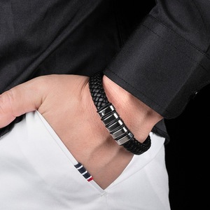 Wholesale Braided <b>Rope</b> Genuine Leather <b>Bracelet</b> Minimalist Never Fade Stainless Steel Men's Magnetic Clasp <b>Bracelet</b> Bangle - Product Image 4