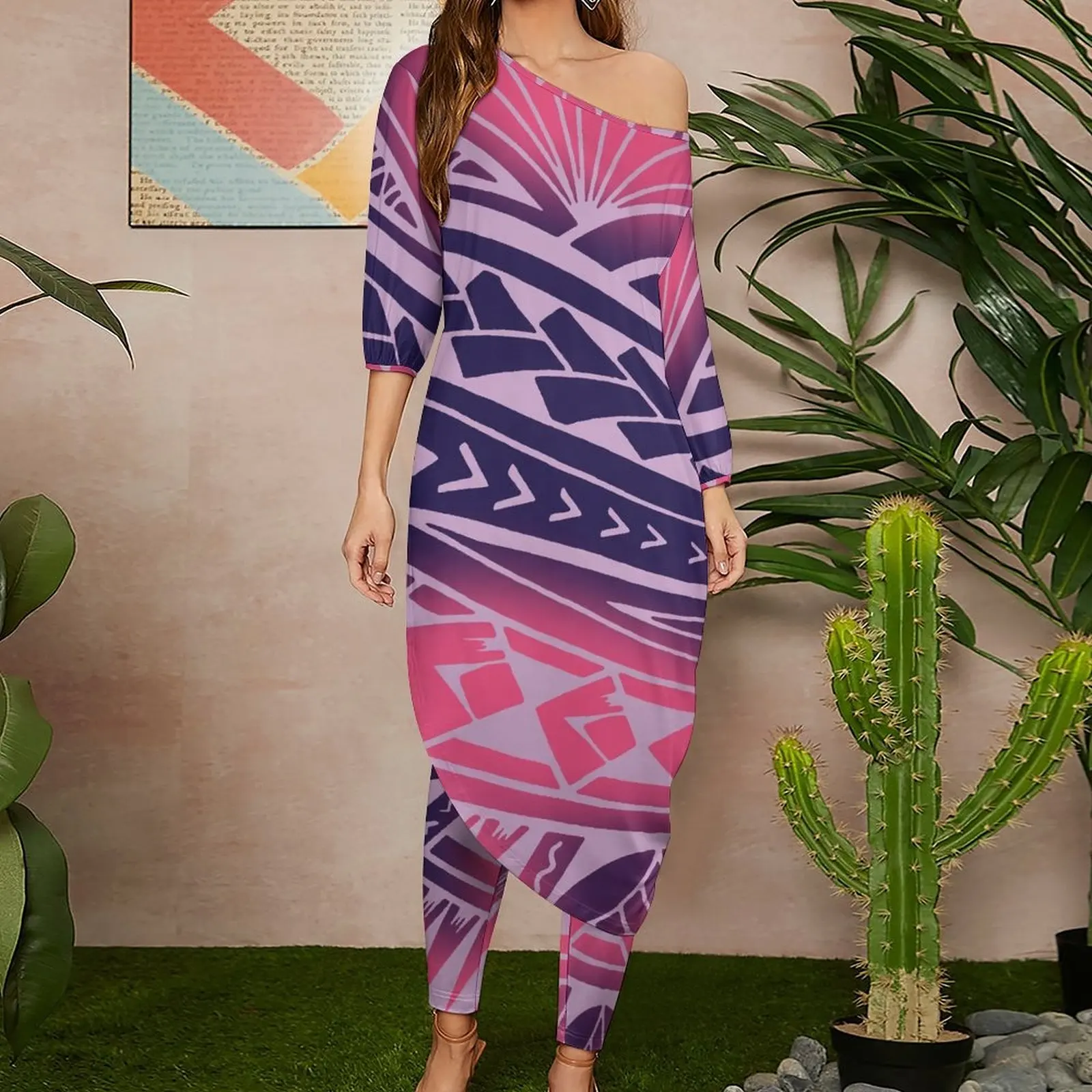 autumn 2022 fashion women 2 piece set clothing custom polynesian tribal print pink sloping shoulder tops and stretch legging set