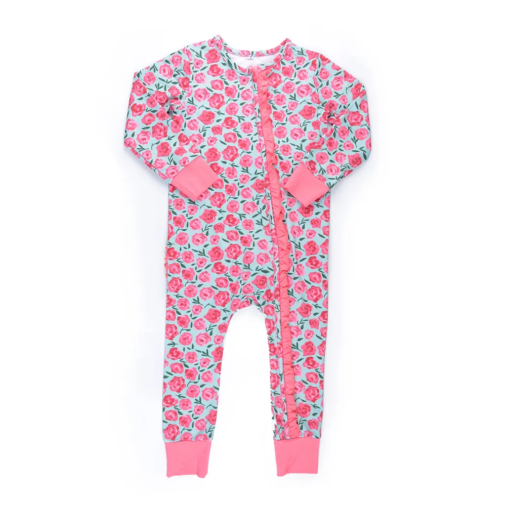 Pyjamas à fermeture éclair en bambou doux imprimé de fleurs pour filles Pyjamas à volants avec garniture dans le dos Barboteuse Pyjamas