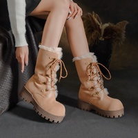 Bottes de neige à plateforme et talon épais pour femme, nouvelle collection hiver 2026, bout rond, à lacets, mi-mollet, dessus en daim, doublure en fausse fourrure
