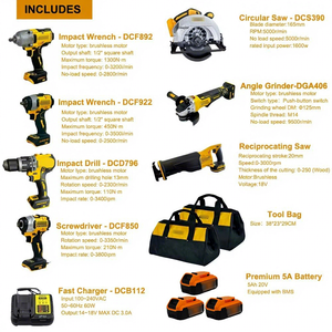 Set di Utensili Elettrici Cordless DeW 13 Pezzi, <span class=keywords><strong>Kit</strong></span> Combo Multi-Utensile 20V con Chiave, Trapano, Cacciavite, Smerigliatrice, Batteria al Litio e Borsa Porta Attrezzi - Product Image 2