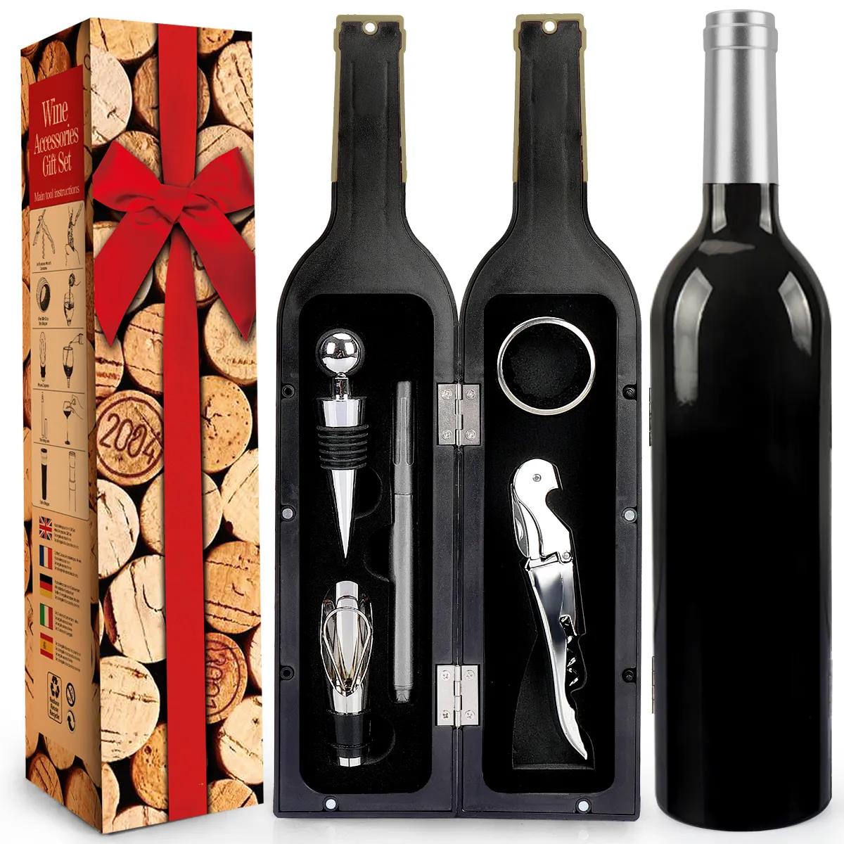 Amazon seller Creative bottle shaped 5 pieces wine accessories gift set wine opener gift set Innovative wine set for xmas gifts