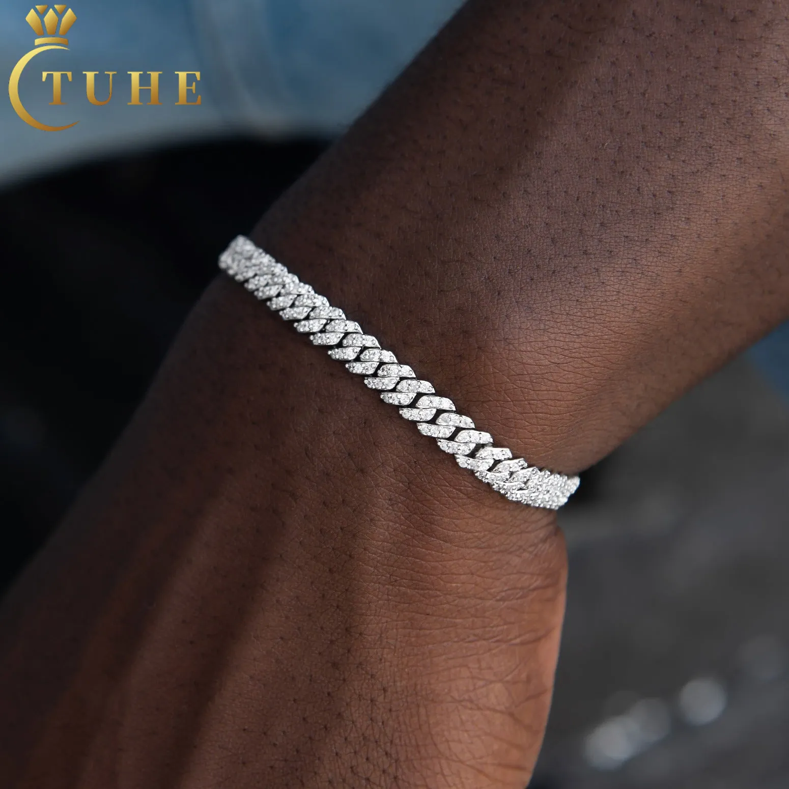 6mm White Gold 925 Sterling Silver VVS Moissanite Diamond Cuban Link Chain Bracelet Iced Out Mossanite Jewelry For Men Women