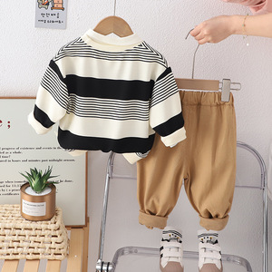 Conjunto de ropa para niños pequeños con cuello Peter Pan a rayas, jersey con bordado de oso, pantalones con cintura elástica, mezcla de algodón, conjunto suave para niños pequeños - Product Image 4