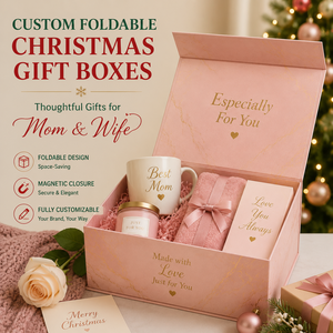 Boîte cadeau pliable magnétique rose pour la veille de Noël, en carton gris 1200 g/m² avec motif floral en relief profond, pour maman, épouse - Product Image 1