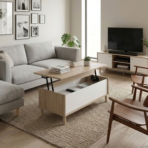 Ensemble de meubles de salon de luxe en chêne nordique et blanc certifié FSC CE avec table basse relevable, <span class=keywords><strong>meuble</strong></span> TV et <span class=keywords><strong>buffet</strong></span> - Product Image 6