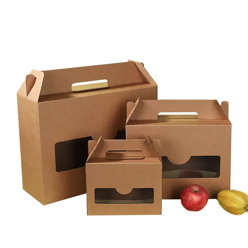 ZL оптовая продажа экологически чистых коричневых гофрированных простыней упаковочная коробка роскошное прозрачное окно Подарочная коробка для фруктов крафт-бумага с ручкой