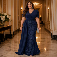 Robe de soirée sirène à sequins grande taille, col en V, manches courtes bouffantes, ceinture en mousseline, robe longue formelle pour bal de promo
