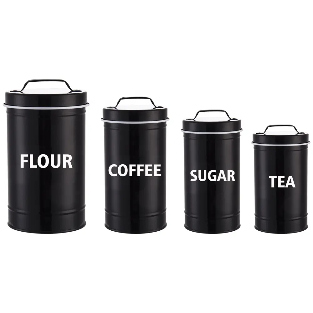 EVERGREEN Farmhouse Kitchen Canister Set For Kitchen Counter - Airtight Flour, Sugar, Coffee And Tea Containers, Set of 4, Black