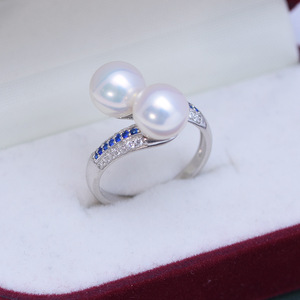 Anneau pour femme en argent S925, perle d'eau douce 8-9 mm, lumière blanche intense, double perle, presque sans défaut, vente en gros, anneaux tendance INS - Product Image 1