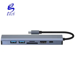 Venta caliente adaptador multifunción Hub de acoplamiento 2303 PD100W 7 en 1 Hub 4K Dual USB3.0 tipo C a estación de acoplamiento USB