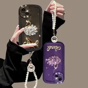 Hot Selling Luxury Bling Glitter Diamond Shiny Swan With pearl strap Phone Case For iPhone 14 13 12 11 Pro Max XS XR 8P Ladies