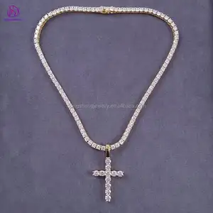 Kreuz-Anhänger Hip-Hop-Schmuck 4mm 20 Zoll eiskräuter Moissanit Tenniskette Lab-Diamant 925 Silber für Damen Charme Anhänger 01