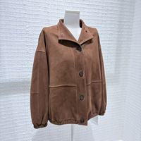 Veste en cuir pour femme en daim de chèvre, simple boutonnage, poignets et ourlet élastiques, coupe-vent, décontractée pour le printemps