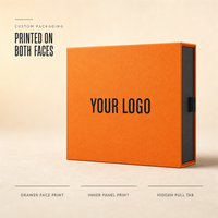 Boîte cadeau coulissante personnalisée en papier grainé orange avec impression de logo noir