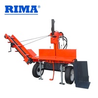 RIMA-Fendeuse de bûches verticale hydraulique à essieu de torsion, 20 tonnes, avec élévateur de bûches et convoyeur à bande/chaîne